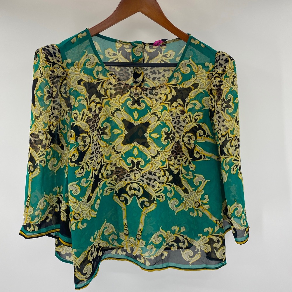 Tattoo Baroque Leopard Print Blouse Women 1X Teal Green Sheer Chiffon 3/4 Sleeve